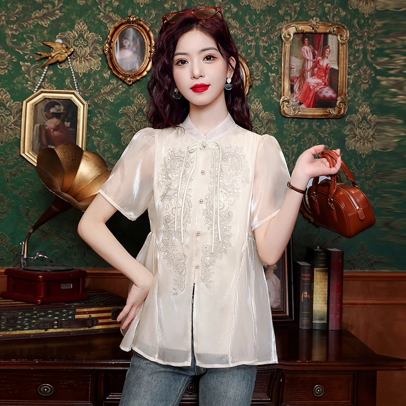 

Новая китайская сказочная шифоновая летняя блузка для зрелого дворца, французская Высококачественная дизайнерская маленькая и популярная рубашка, женская одежда