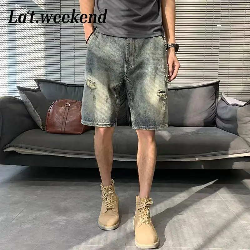 Ripped Denim Shorts Men's Trendy Brand Loose Casual Retro Five-point Pants Summer Mid-size Pants