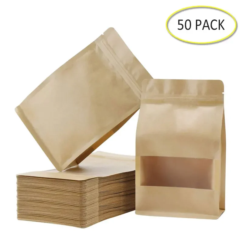 50PCS Stand Up Bags Kraft Zip Lock Matte Window Reusable Sealing All-Purpose Food Storage Pouches Reclosable For Nuts Beans Tea