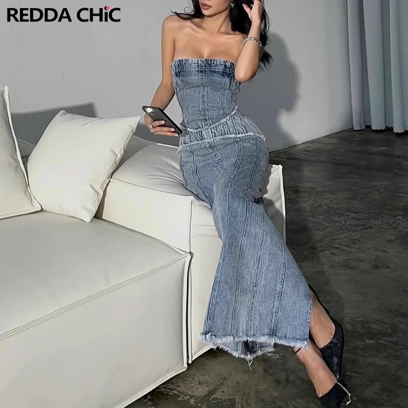

ReddaChic Patchwork Denim Women Maxi Long Dress Split Backless Sleeveless Splicing Raw Edge Corset Bustier Bodycon Acubi Fashion
