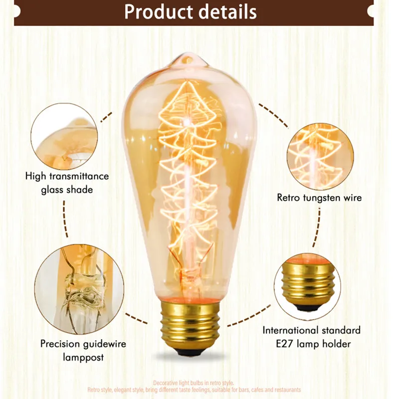 Retro Edison Light Bulb E27 220V 40W A19 A60 T10 T45 T185 ST64 G80 G95 Filament Vintage Ampoule Incandescent Bulb Edison Lamp