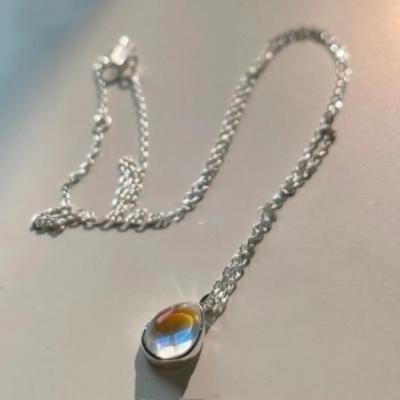 Silver Color Moonstone Oval Pendant Necklace for Women Simple Fashion Girls Jewelry Accessories Gifts