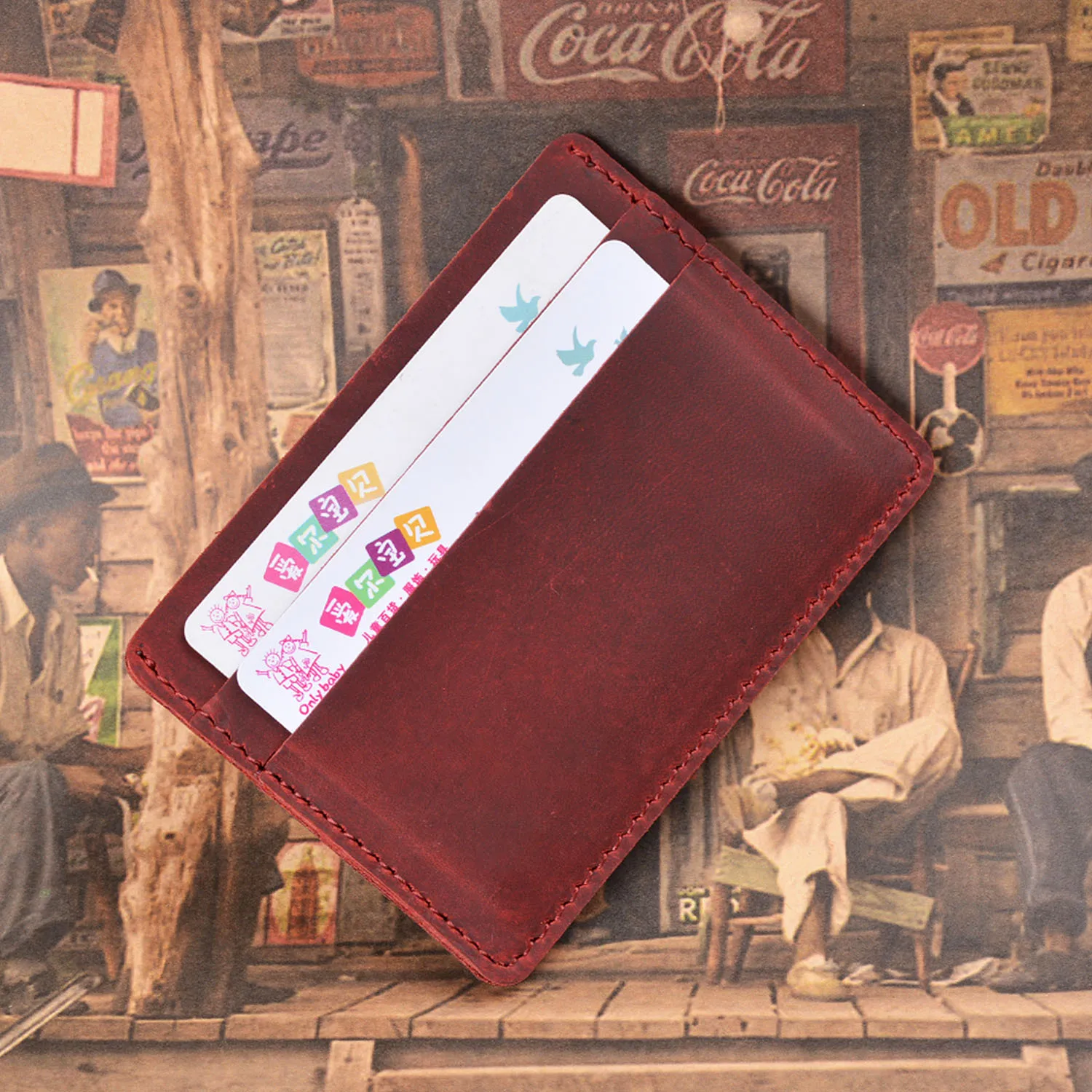 Handcrafted Vintage Unisex Mini Card Wallet-Ultra-Thin Top-Grain Cowhide/Crazy Horse Leather Slim Card Holder (Original Minima