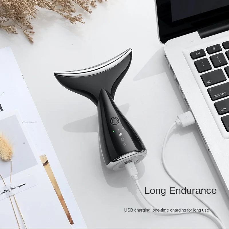 3v1 masážní přístroj na obličej a krk, fototerapie proti vráskám, modré červené fialové světlo, RF mikroproudy, přístroj na zpevnění pleti_voghion.com