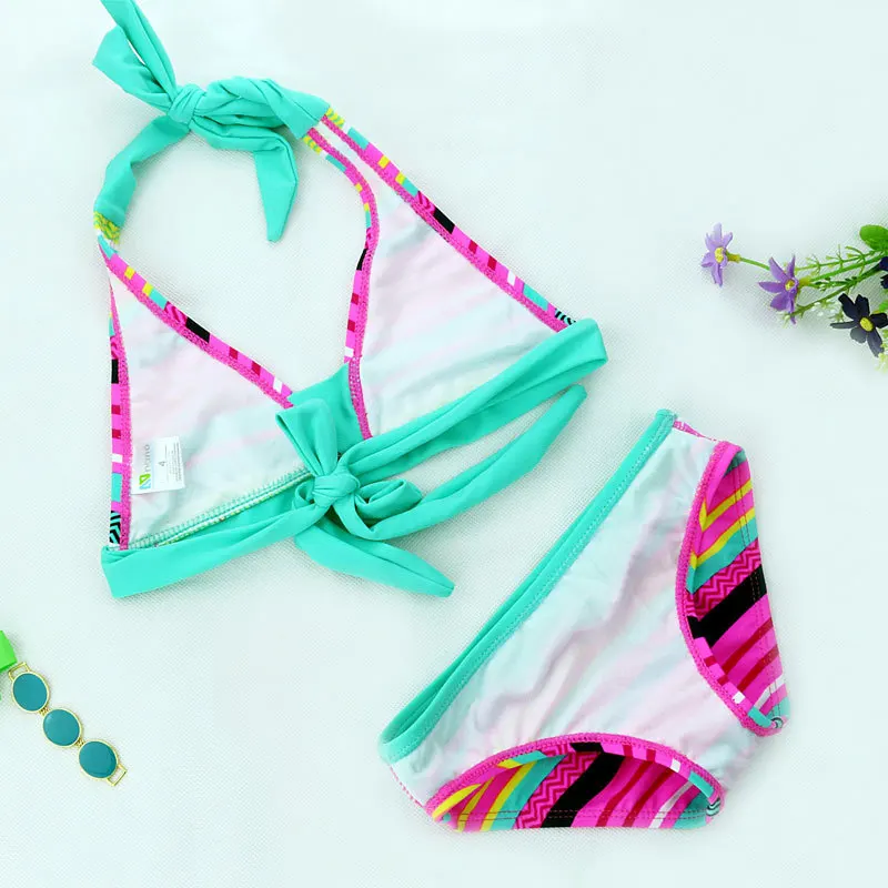 Summer 8-16Y teen Girls Close-fitting Elastic Stripe Swimsuit Girls Split Two-pieces Swimwear Children Stripe Bikini Sets girls swimsuit