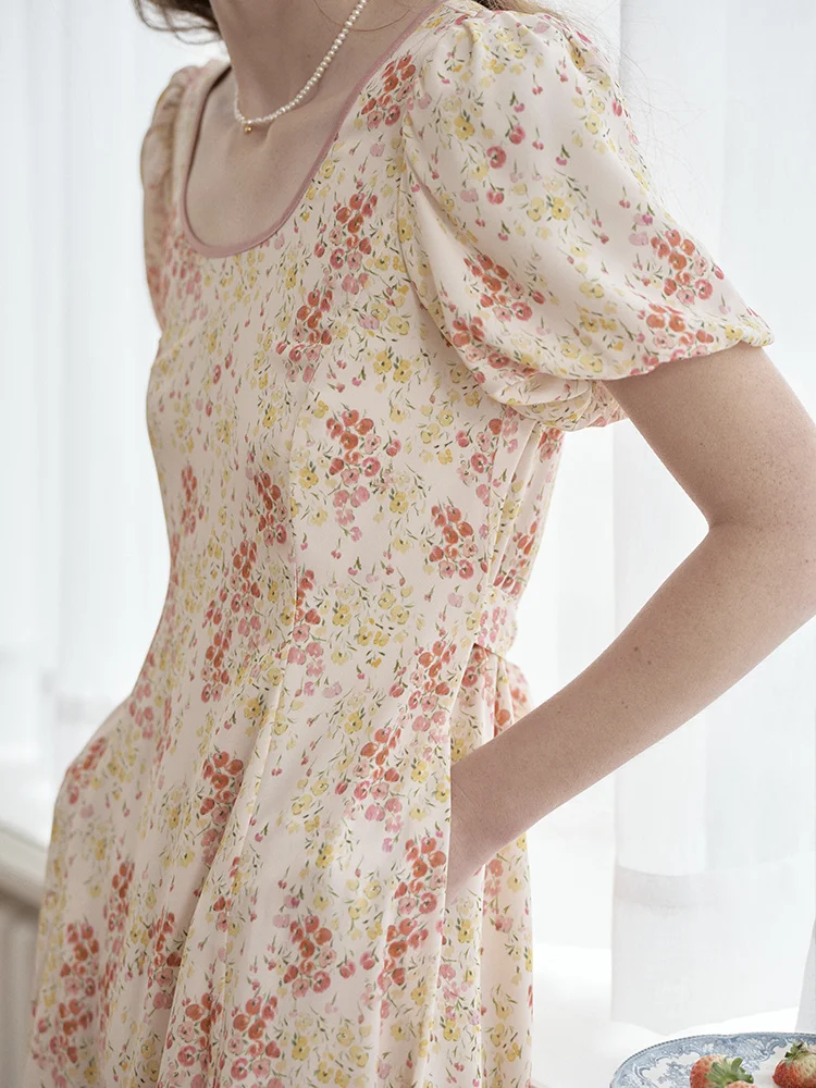 

Floral Dress Women's Summer Square Neck Bubble Sleeve Tea Break Dress French Waist Tie Mid Length Dress