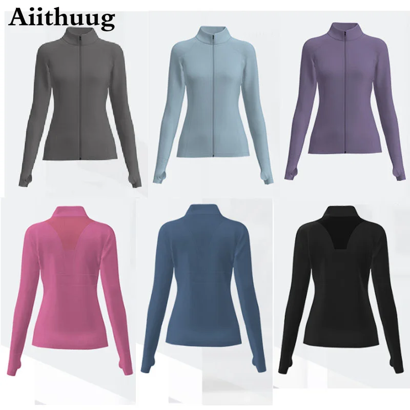 Women Sports Shirt Long Sleeves Running Breathable Gym Workout Yoga Jacket with Zipper Finger Holes