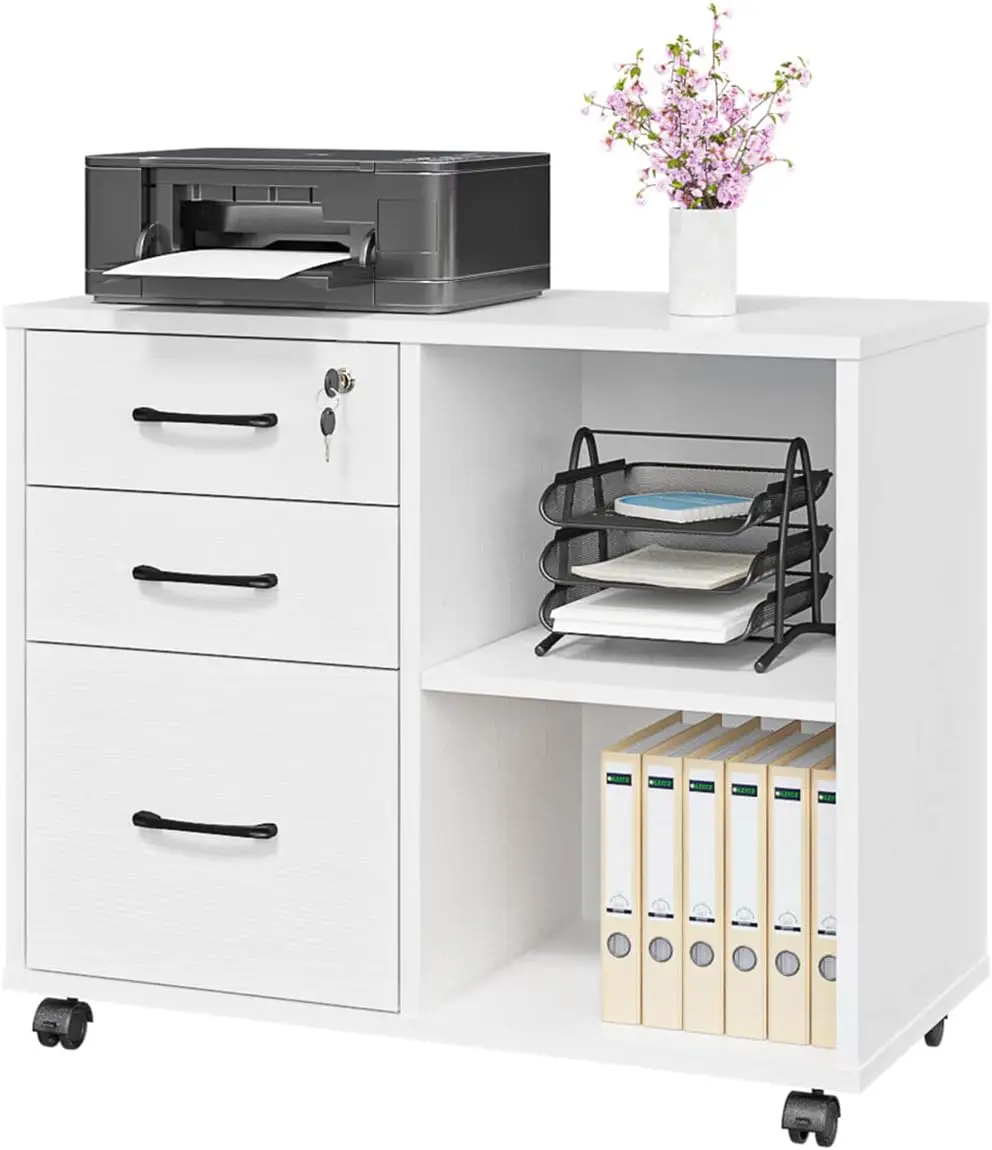 3 Drawer File Cabinets, Mobile Lateral Printer Stand with Open Shelf, Rolling Filing Cabinet with Wheels Home Office Organizatio filing cabinets wood file box modern locker lockable file organizer storage lateral shelf archivador office cabinet furniture