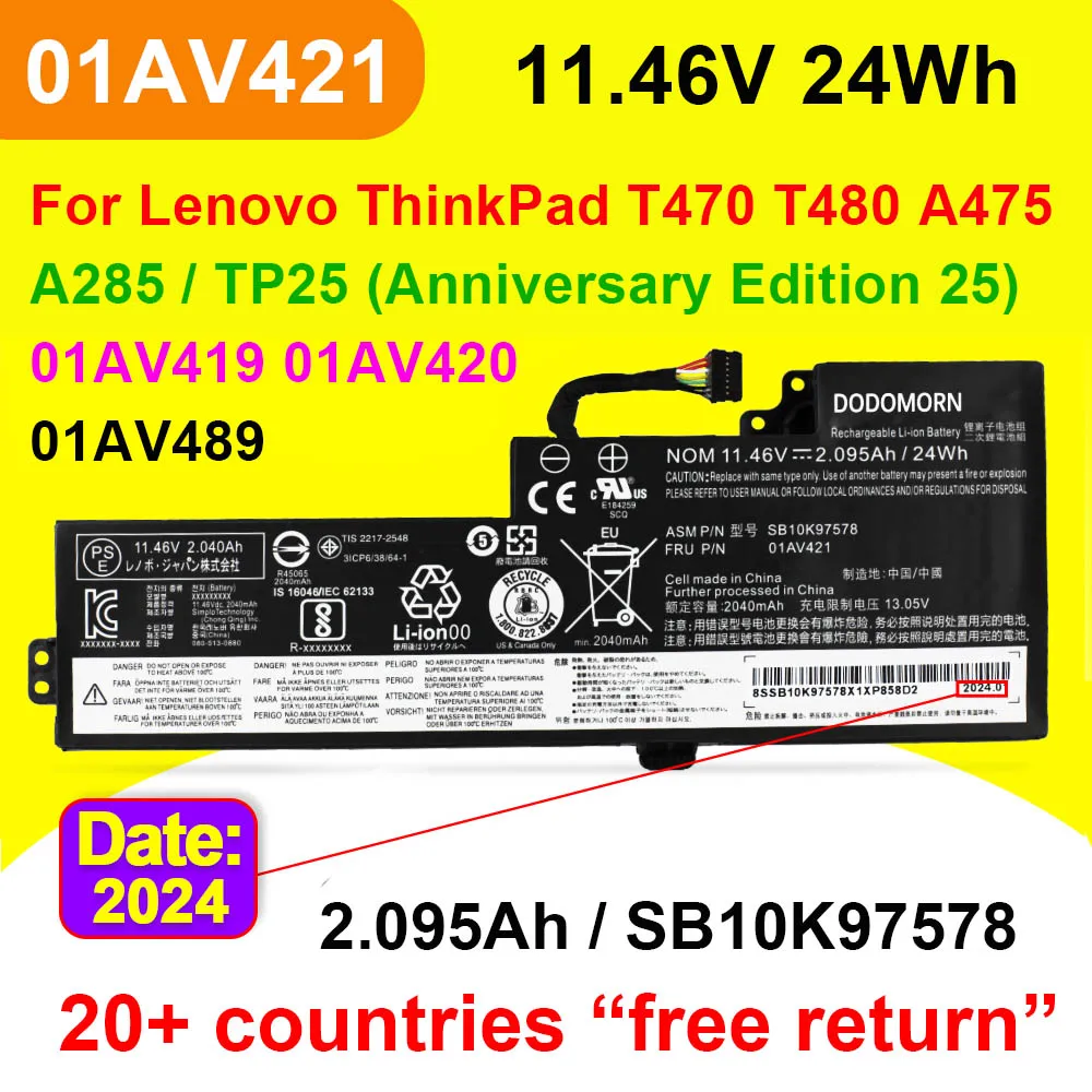 

01AV419 01AV420 01AV421 01AV489 For Lenovo ThinkPad T470 T480 A475 A285 Series SB10K97576 SB10K97578 Laptop Battery 11.46V 24Wh