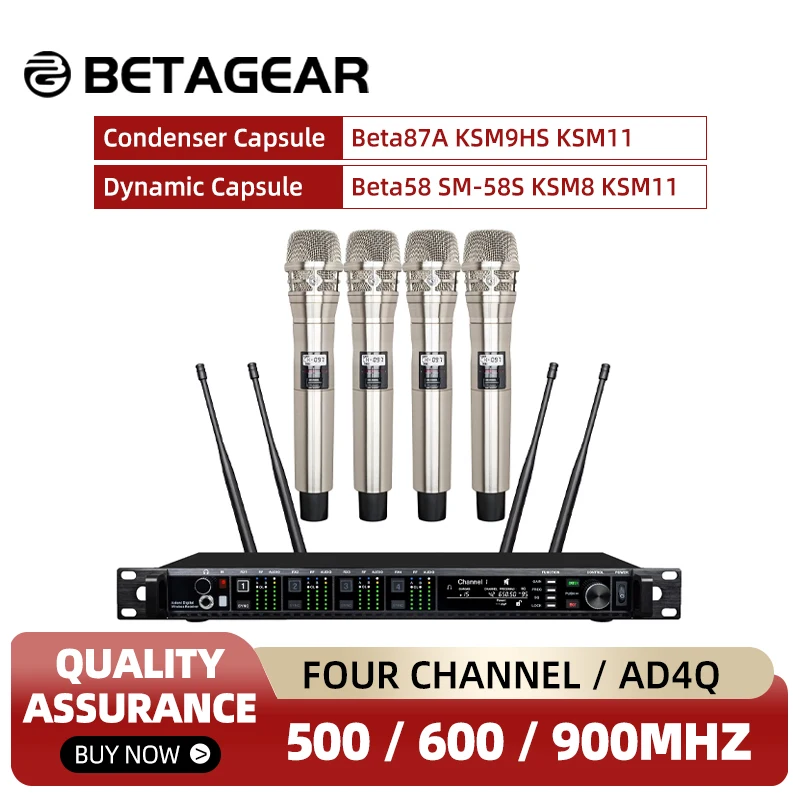 Betagear 4 채널 무선 마이크 UHF KSM8 Beta58 SM58S 무대 공연을 위한 핸드헬드 라발리에 마이크로포노 헤..