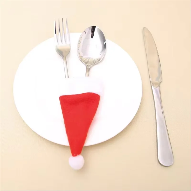 Mini Christmas Hat Wine Bottle Beverage Bottle Cap Decoration Knife Fork Santa Claus Hat Set Christmas Party Scene Decoration