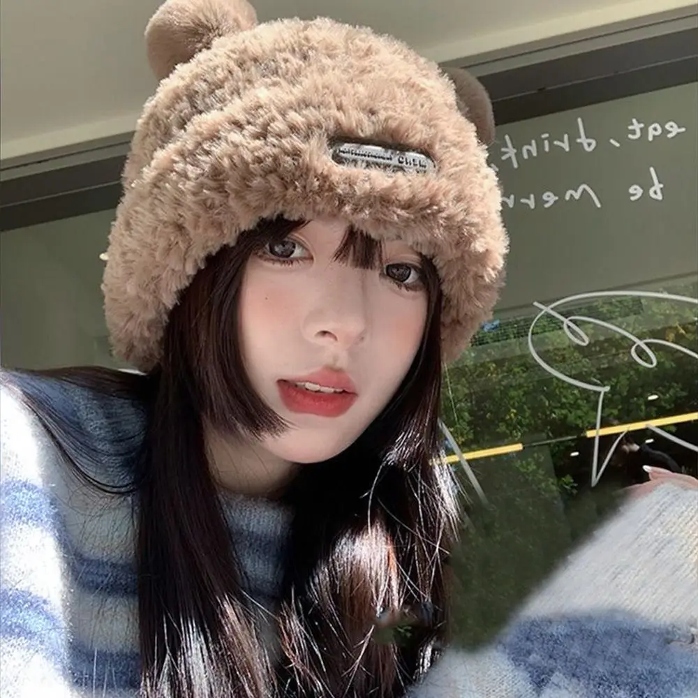 Cute Ear Women Earmuffs Cap Cartoon Bear Ear Protection Hat Solid Color Plush Beanies Girl Winter Warm Fluffy Fur Headgear 모자 4
