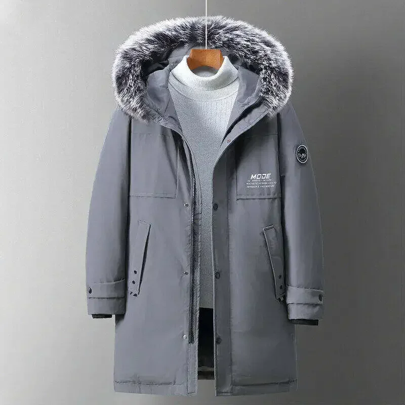 Winter Long Down Jacket Men's Trendy Big Fur Collar Hooded Windproof Warm White Duck Down Coat Men Casual Ski Suit Thick Parka