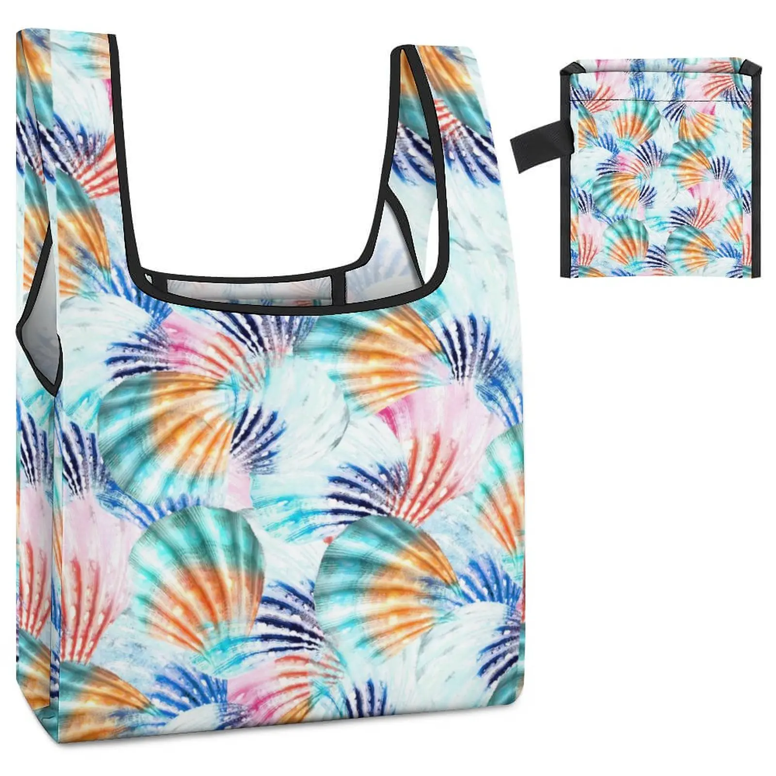 Customized Print Collapsible Shopping Double Strap Handbag Colorful Shell Printing Tote Casual Woman Grocery Bag Custom Pattern