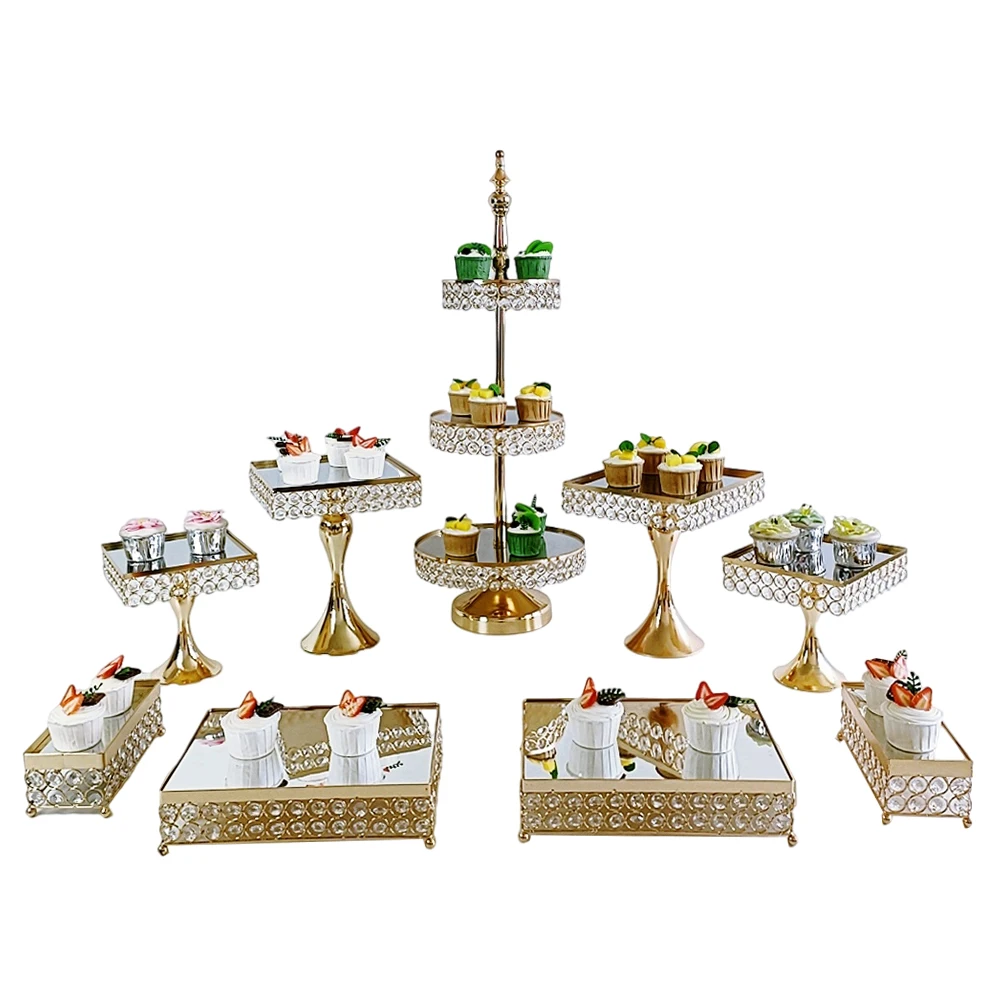 Square Gold Crystal Cake Stand 4Pcs- 17pcs/lot Perfect Wedding Birthday Baby Shower Party Crystal Footed Cake Plate Platter