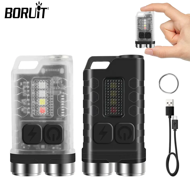 BORUiT V3 Small EDC LED Flashlight Keychain Type-C Rechargeable Lamp Tiki Fishing Camping Torch With Magnet Spotlight UV Light