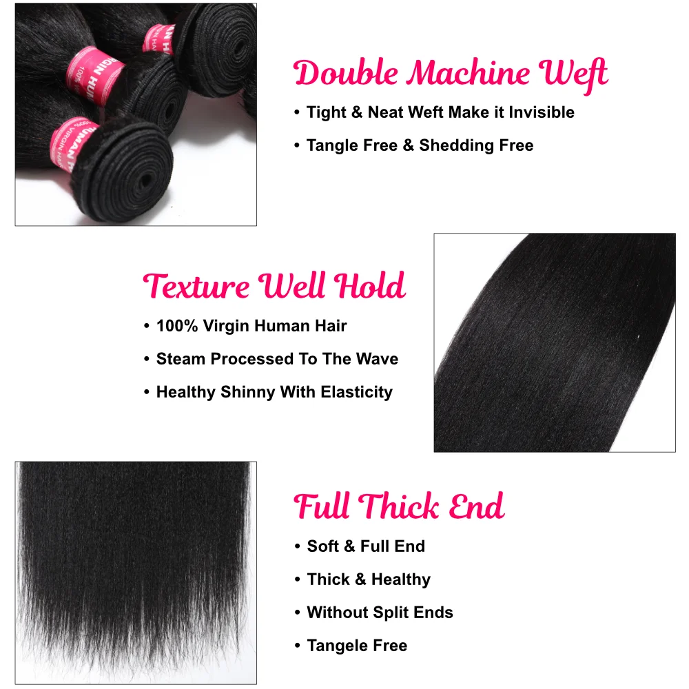 UNice Hair Yaki Straight Hair Bundles 3PCS Deal 100% Human Hair 10A Grade Natural Color Sew In Bundles Quick Weaves 2