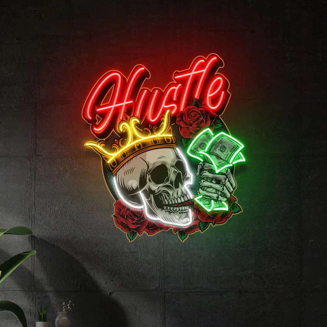 Rich Skull Neon Sign Wall Decor UV Print Skull Money Artwork Neon Pop Art Bar Beer Decor Man Cave Sign Bedroom Home Wall Decor image 3