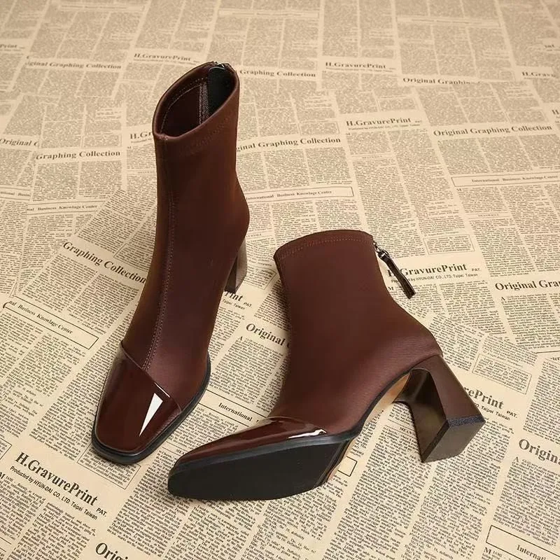 Square Toe Women Ankle Boots Suede High Heels Fashion Shoes Chunky Motorcycle Boots Trend Winter New Pumps Botas Short Boot35-40