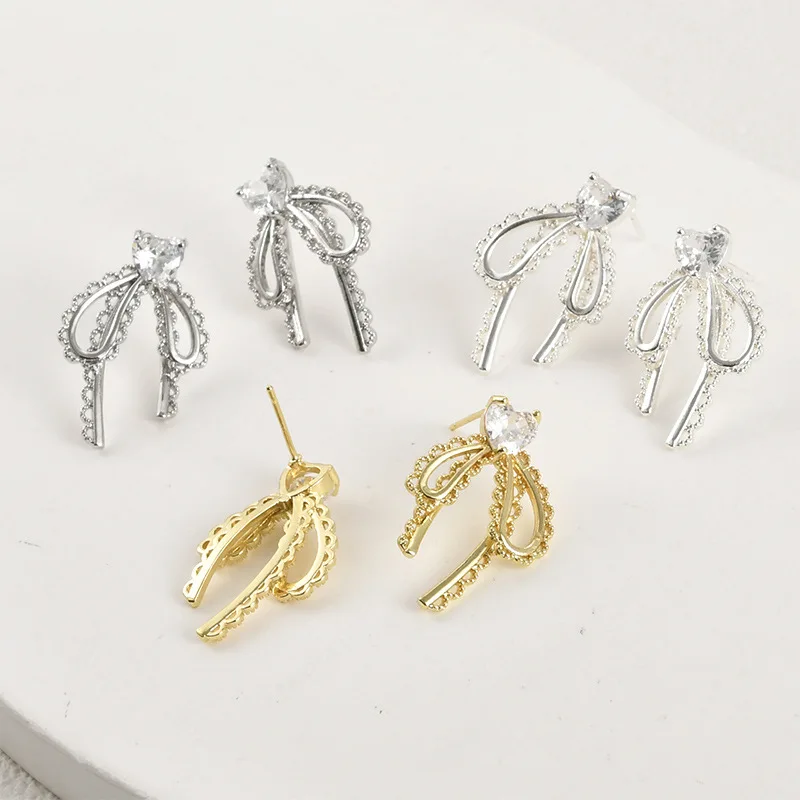 구리 도금 14k 골드 색상 보존 러브 지르콘 보우 스터드 귀걸이 DIY 수제 귀걸이 귀걸이