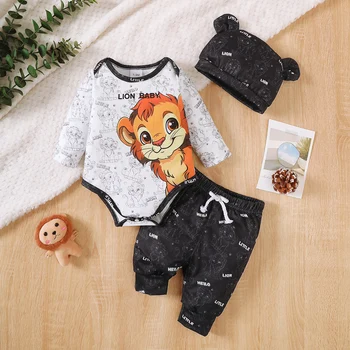 3Pcs Baby Boy Set Round Neck Lion Full Print Bodysuit+Pants Set Suitable for 0-18 Months Newborns Baby Boys Spring  Autumn Set 1