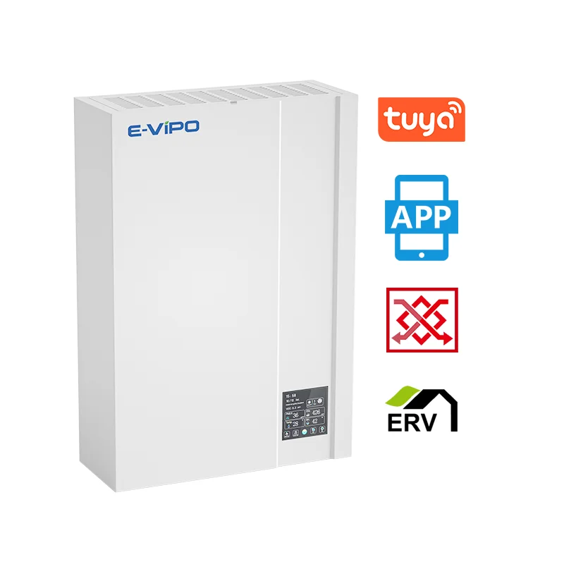 ระบบระบายอากาศแบบไม่ใช้ท่อ ERV ระบบระบายอากาศแบบมีอากาศบริสุทธิ์ รูปทรงสี่เหลี่ยมผืนผ้า ติดผนัง ระบบแลกเปลี่ยนความร้อน ชิ้นส่วนระบบ HVAC เครื่องฟอกอากาศ VMC 1