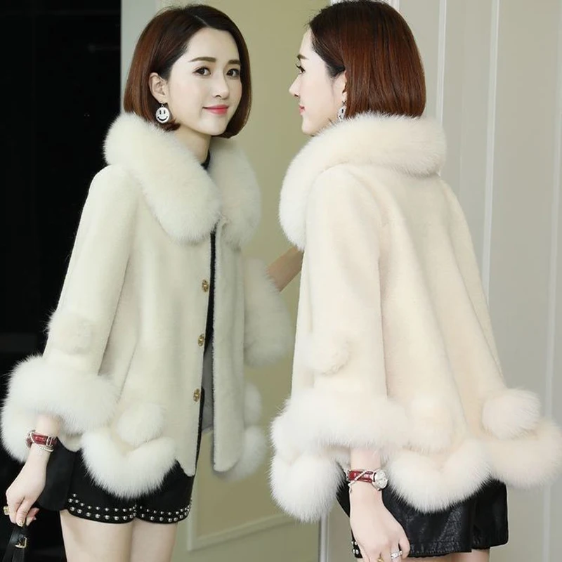 Women'S Cropped Fake Fur Coat Winter Fashion Thick Faux Fox Fur Collar Oversized Outwear Plus Size Sheep Shearing Warm Overcoat