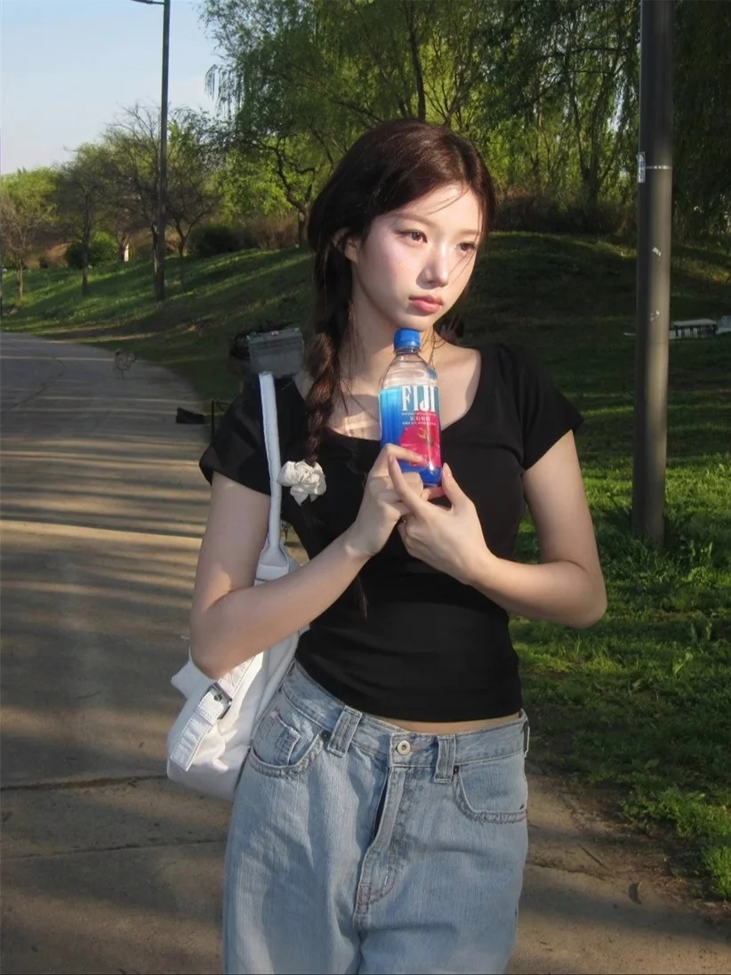 Slim Fit Color Basic ort Sve T-irt Women's Summer Top Unique SEI Korean Sle Commute Wind Straight Tube pe 5