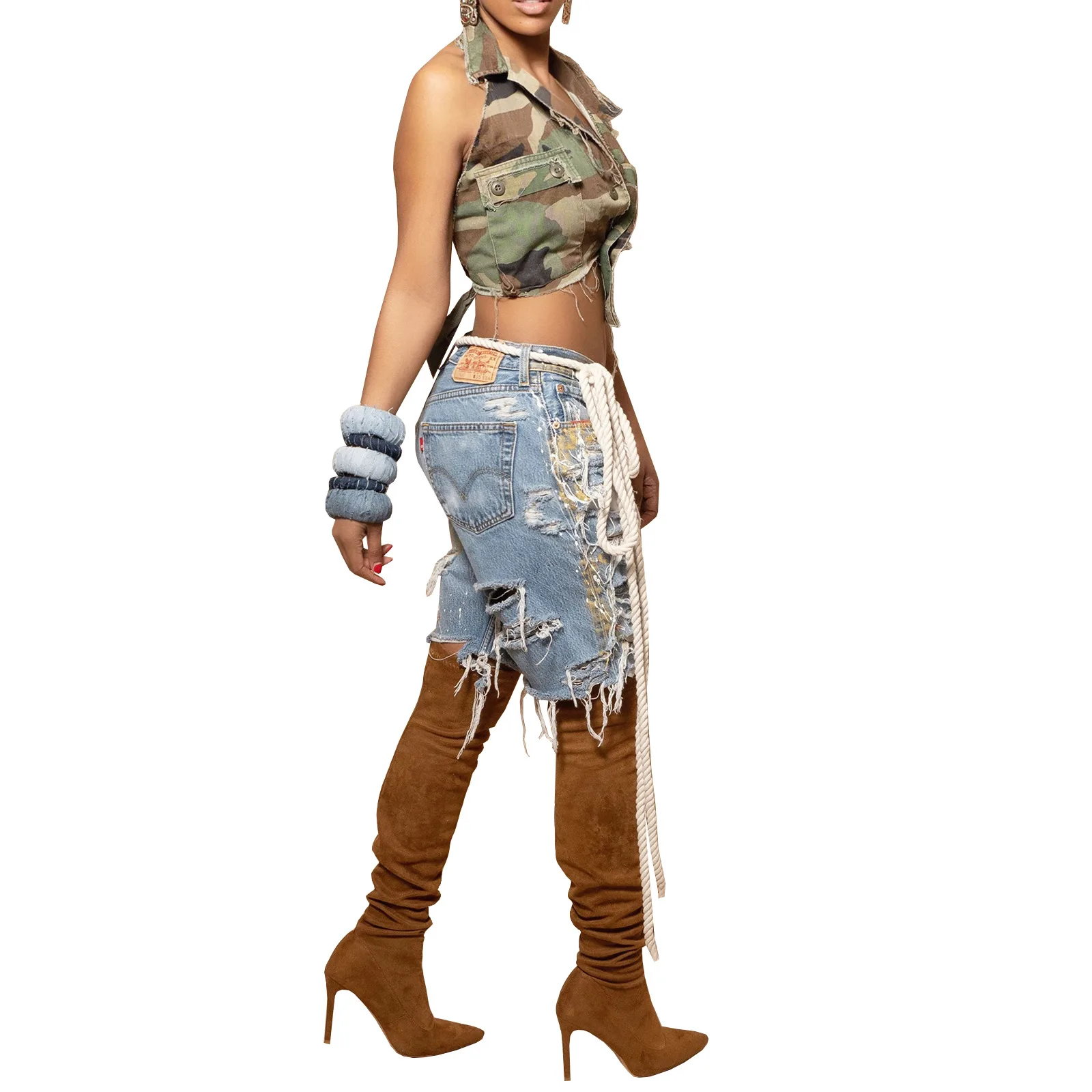 European and American fashion women's colorful hand-painted slashed jeans shorts  shorts women