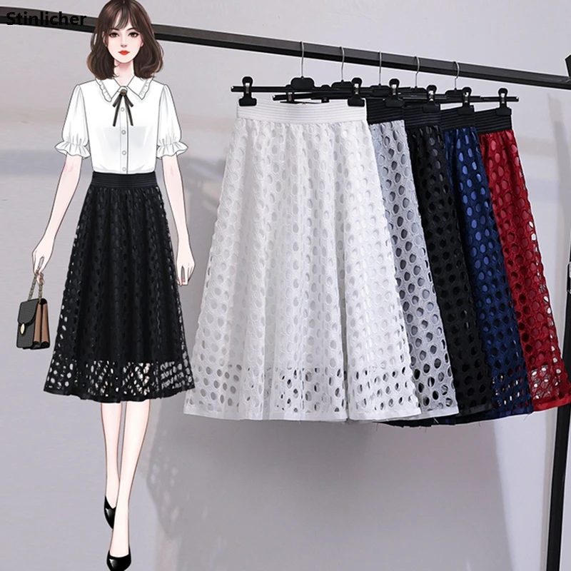 

Hollow Lace Umbrella Skirt Women Spring Summer Elastic High Waist Zipper Korea Fashion Office Ladies Work Party Midi Skirts