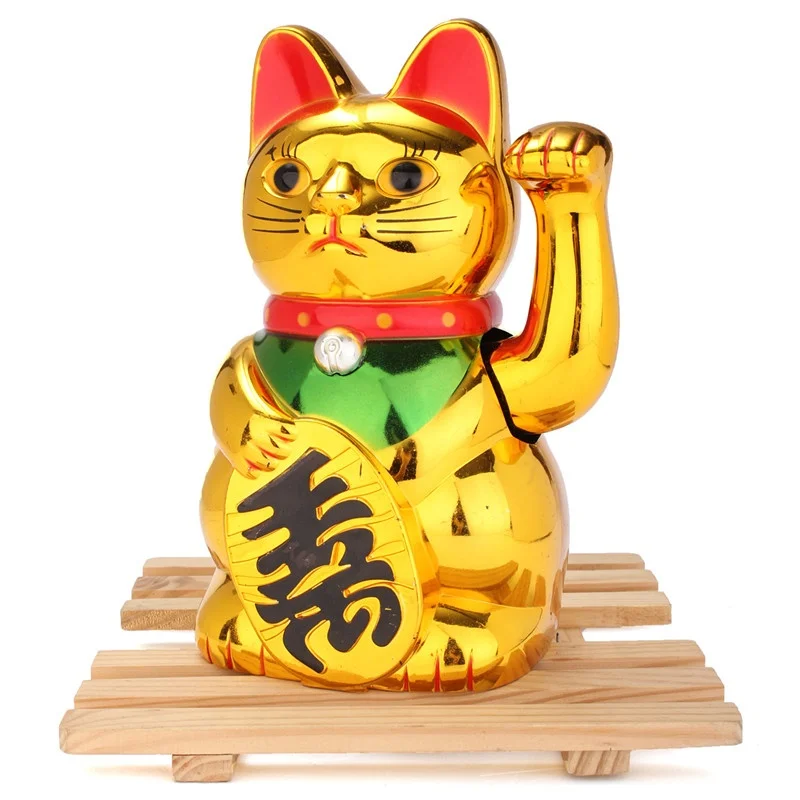 1pc Classic Gold Beckoning Waving Lucky Cats Figure Moving Arm Chinese Wealth Fortune Feng Shui Home Hotel Decor Craft