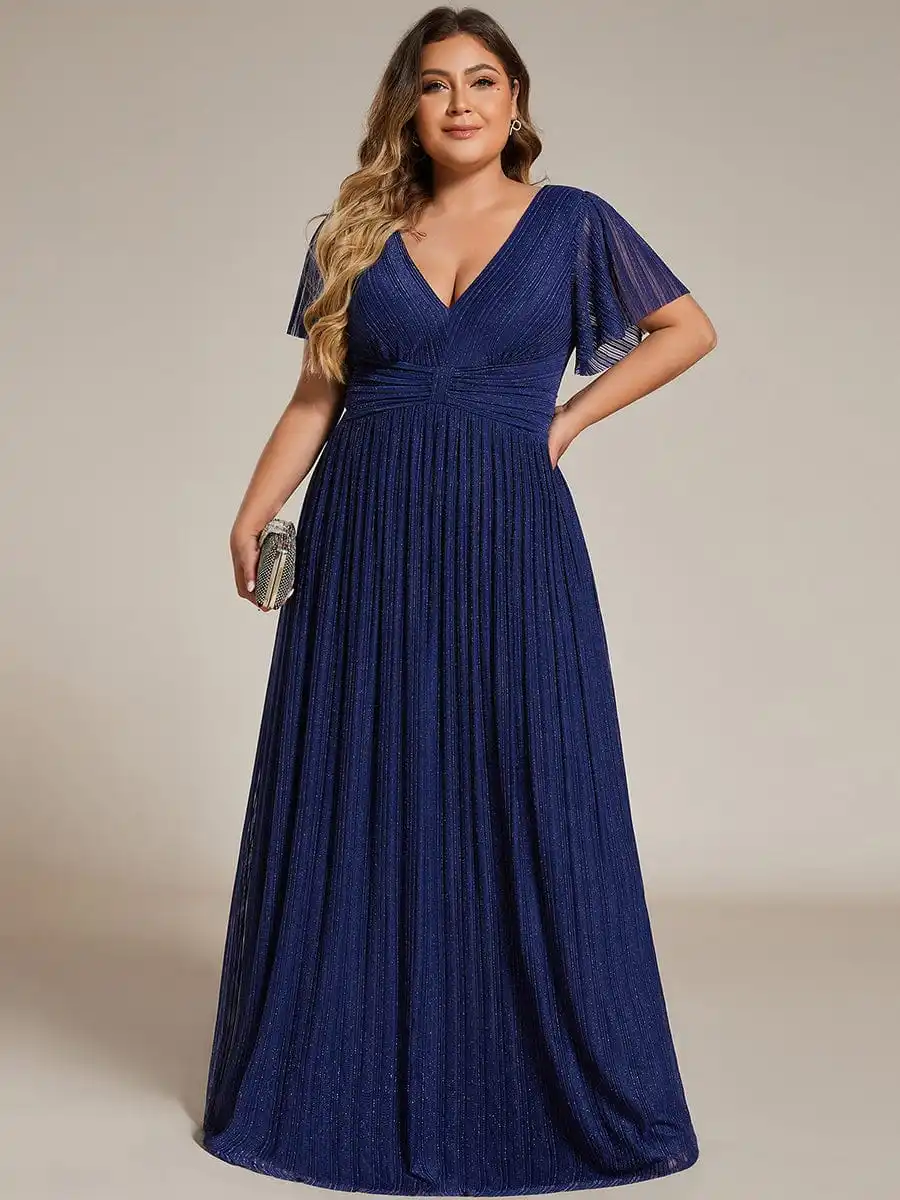 

Plus size Evening Dresses Glittery Deep V Neck Bowknot Waist Mesh Fabric 2024 BAZIIINGAAA of Sparkle Navy Blue Bridesmaid dress