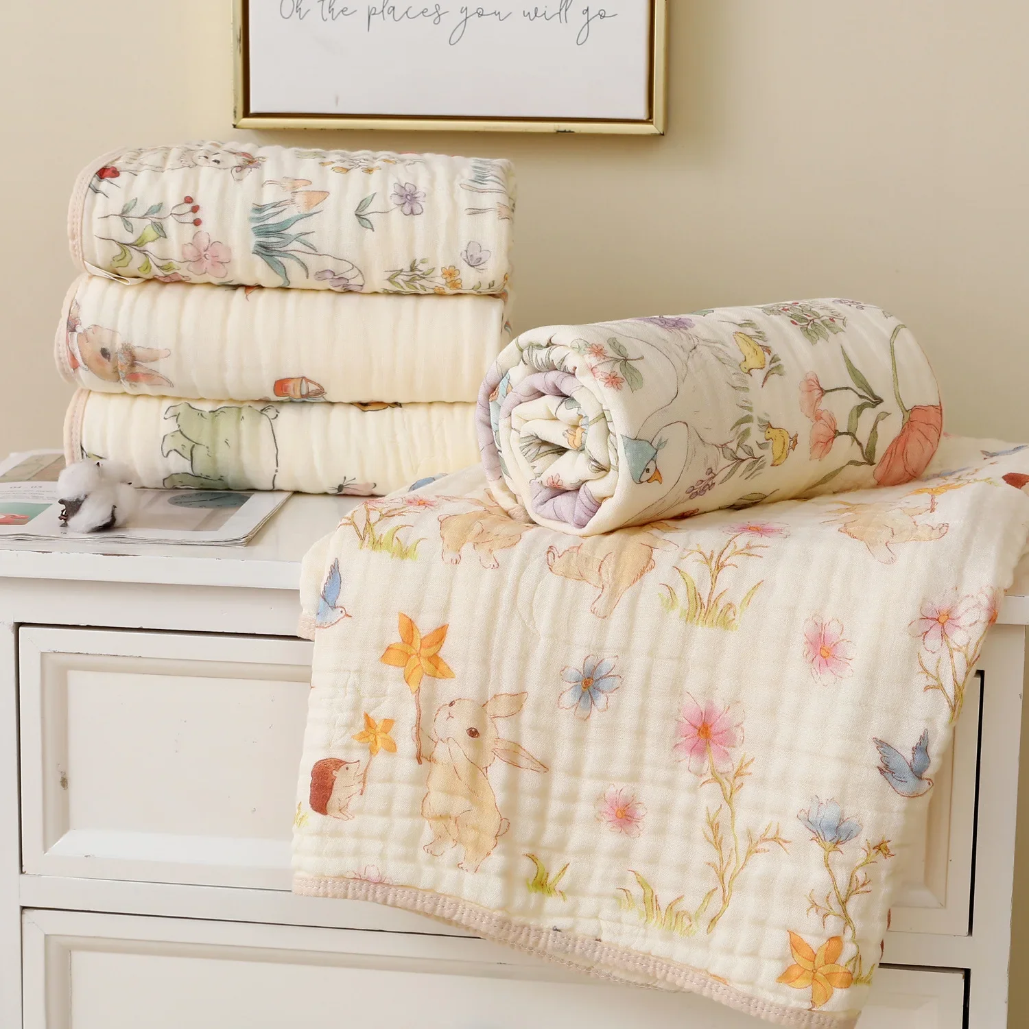 Double Crepe Baby Blankets Newborn Muslin Cotton Gauze Quilt Print Swaddle Blanket Kids Bedding Stroller Cover 4