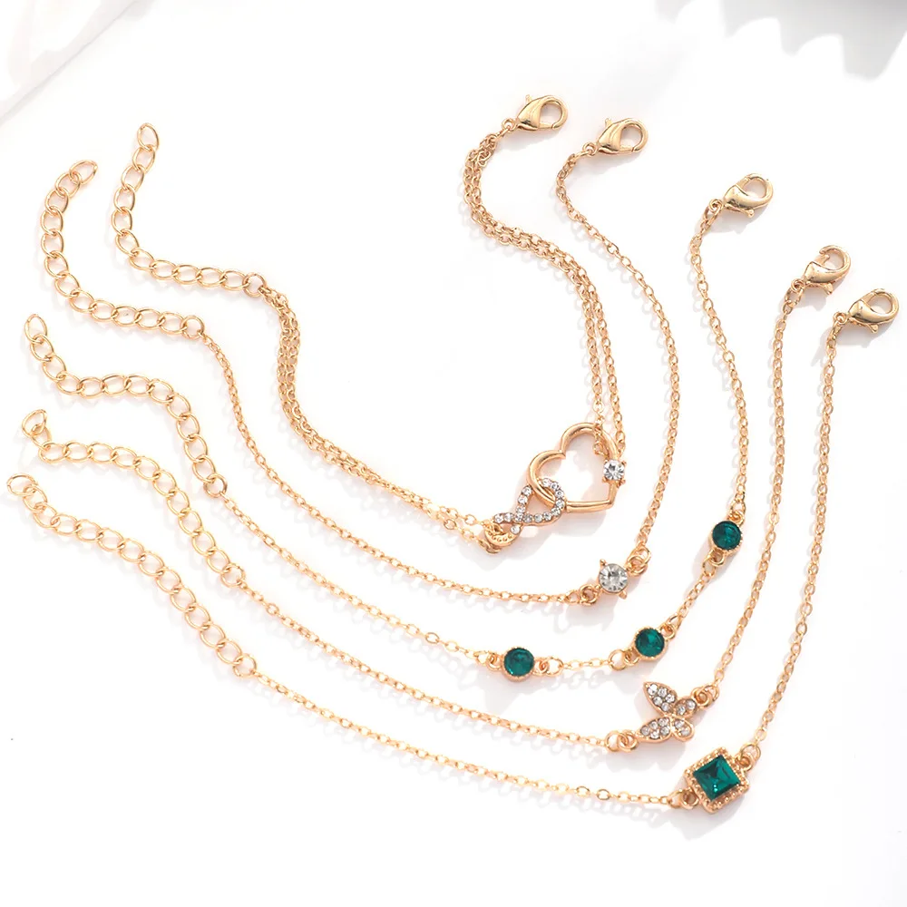 5Pcs Fashion Green Crystal Bracelet Set For Women Butterfly Heart Charm Gold Silver Color Chain Bangle Female Trendy Jewelry - Image 6