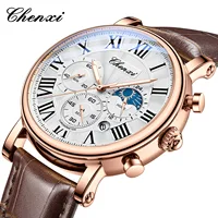 CHENXI 973 Men Quartz Watch Fashion Business Moon Phase Date Multifunctional Chronograph Leather Strap Wristwatch