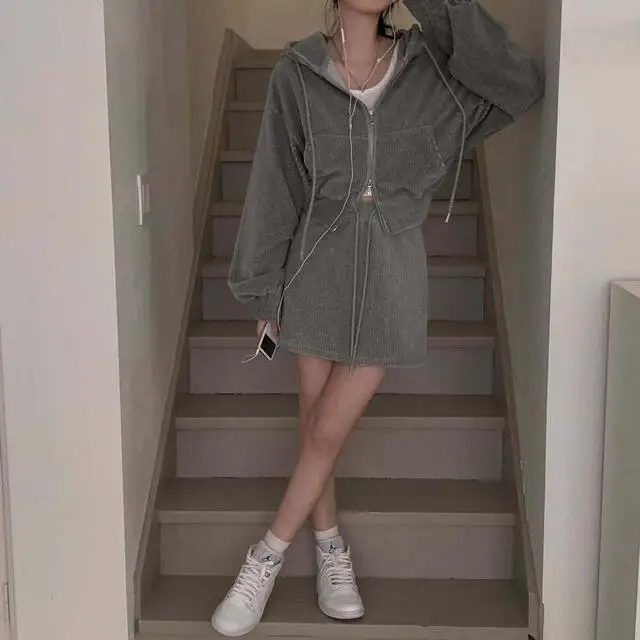 Korean CHic Corduroy Two-piece Skirt Sets Women Hoodie Crop Top Coats Bodycon Mini Skirt Autumn Winter New Outfits Casual Suit