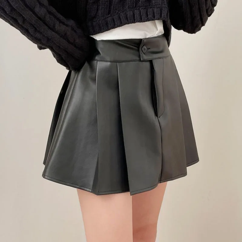 SUCHCUTE Korean Fashion Black Leather PU Mini Skirts Women A-line Solid High Waist Pleated Skirts Gothic Streetwear Clothes