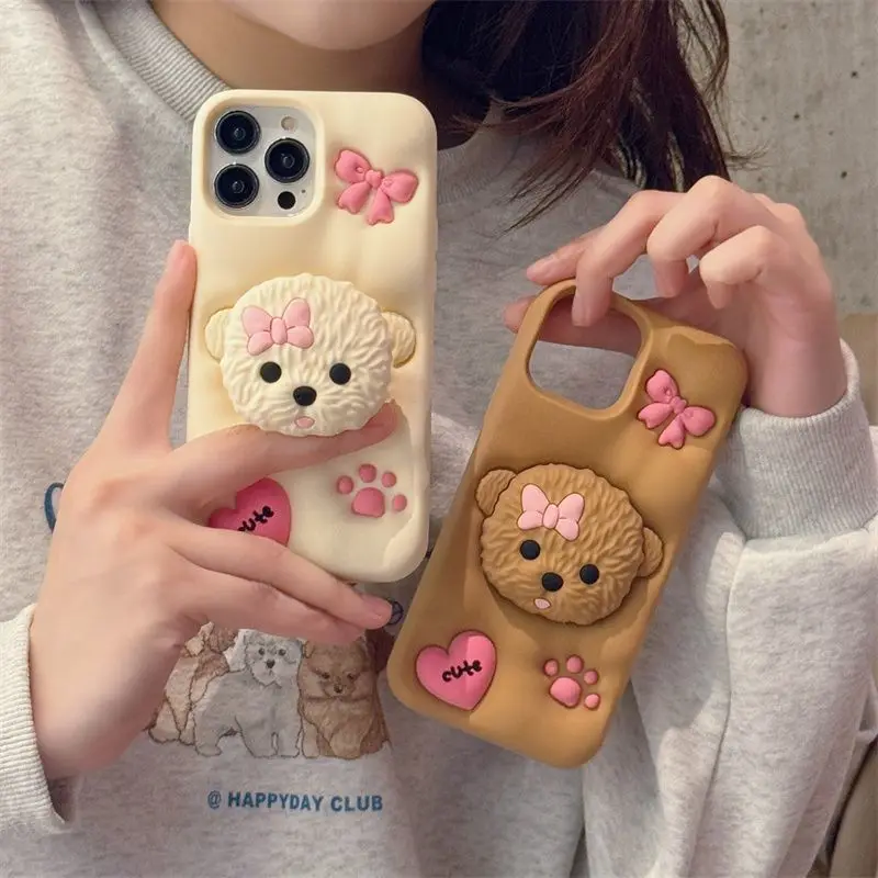 Kawaii 3D Cartoon Puppy Dog Phone Case with Cute Paw Pop Holder and Soft Silicone Cover