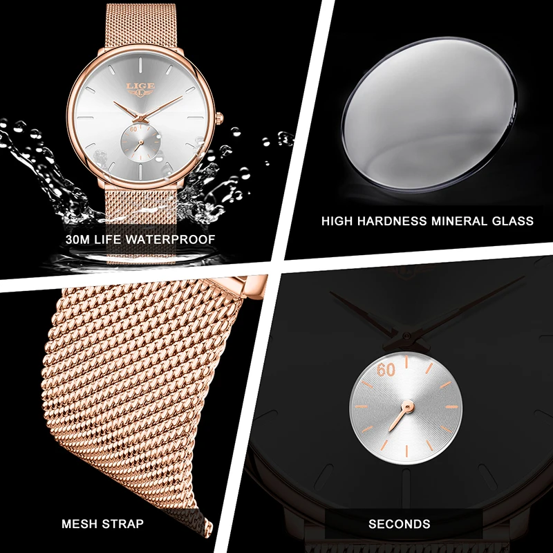 LIGE Simple Round Watch Women Elegant Fashion Ultra Thin Quartz Ladies Watch Waterproof Sports Bracelet Watches Gift for Women