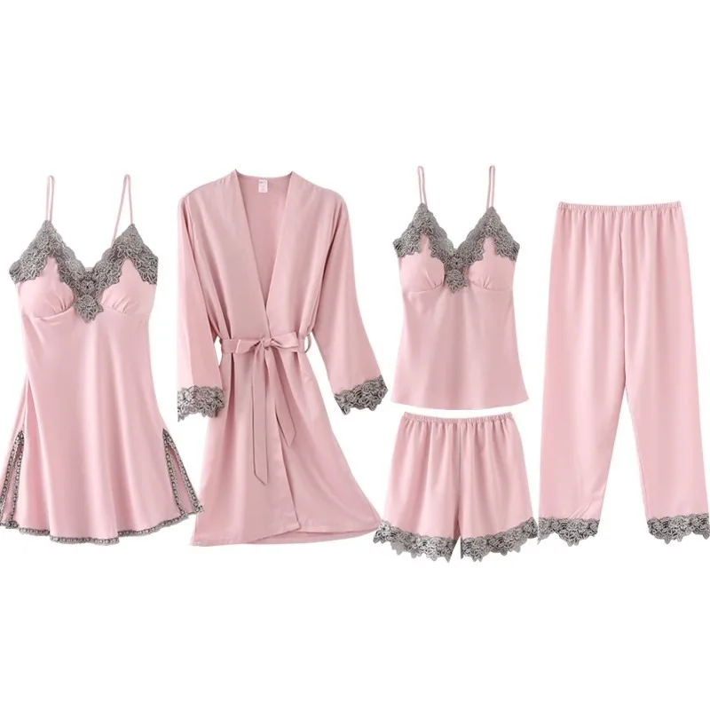 Pajamas spring and autumn women's new summer thin ice silk nightdress sexy sling chest pad five-piece suit sleepwear