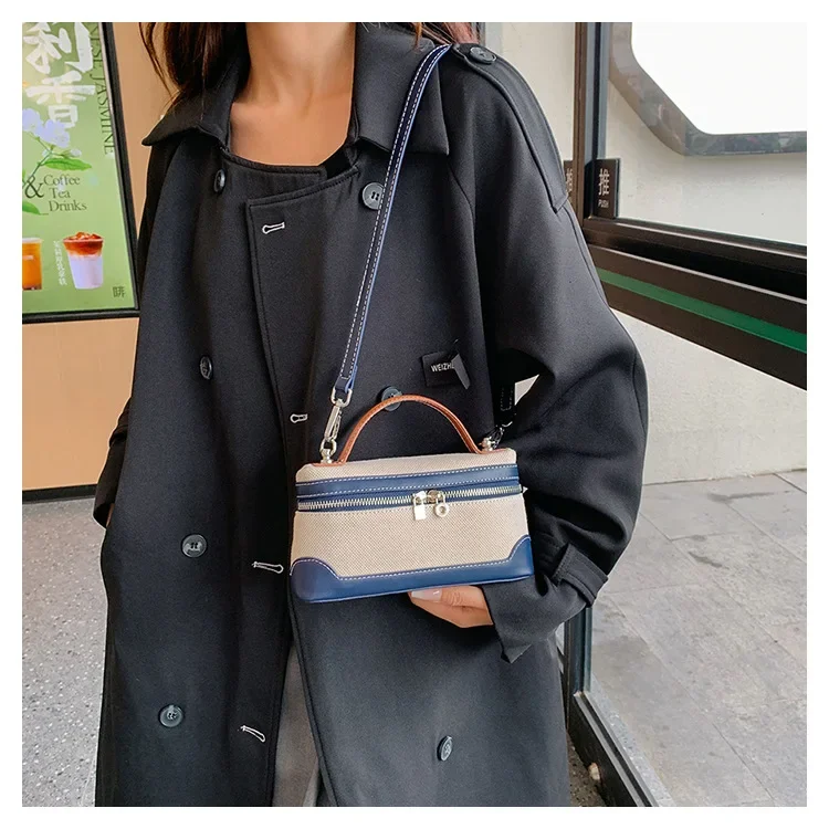 retro canvas handbag for women,women’s summer crossbody bag,contrast color casual handbag,small square canvas shoulder bag,casual women’s sling bag,retro fashion canvas purse,lightweight canvas handbag