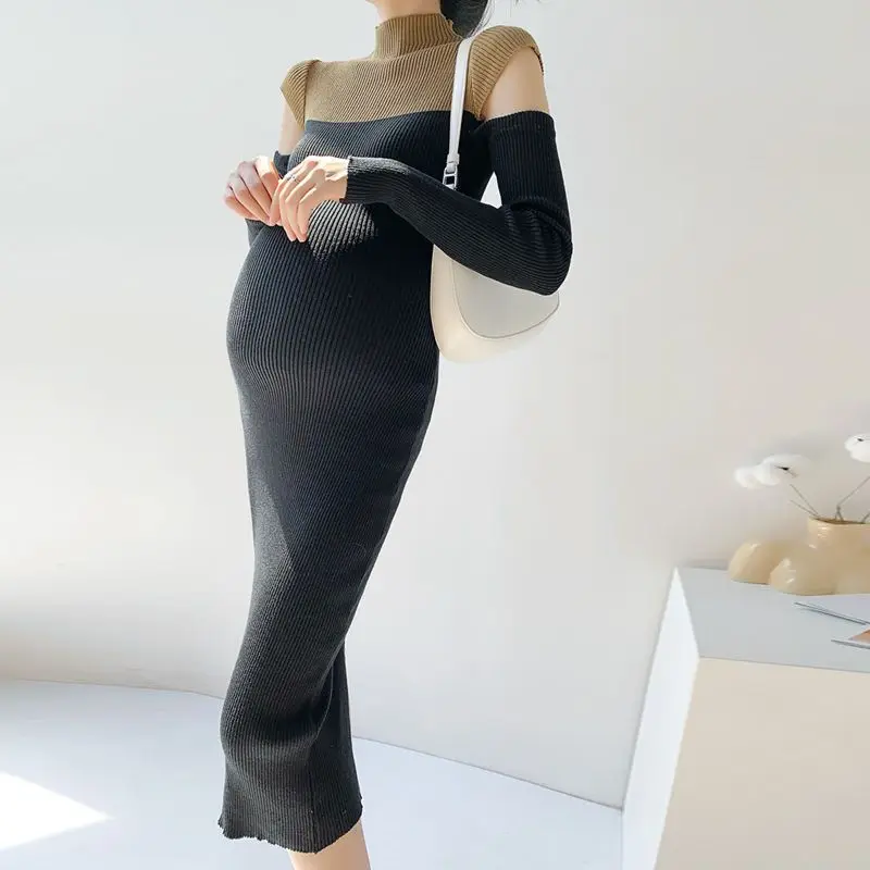Fashion Sexy Soft Maternity Dress Autumn And Winter Knitted Skirt Maternity Dress Knitted Off Shoulder Color Blocking Dress