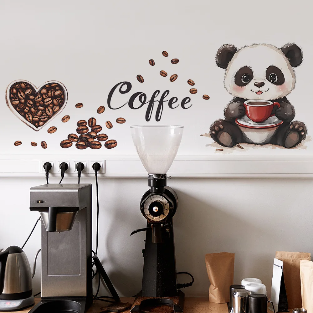 Cartoon Panda Drinking Coffee Wall Sticker Living Room Kitchen Background Decoration Mural Cafe Home Decor Self-adhesive Decals