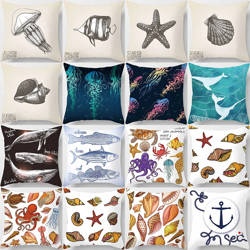 

Hot sale beauty Sea fish seaside scenery pictures pillow cases short plush high quality square thick pillow case covers