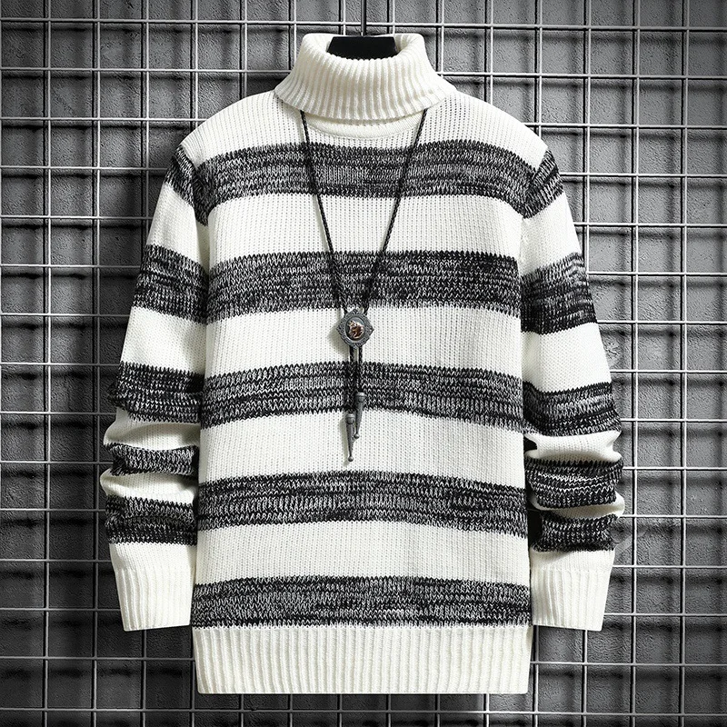 

2023 Autumn Winter Turtleneck Sweaters Men Stripe Knitted Sweater Mens Streewear Warm Pullovers Male Black Sweaters Pullovers