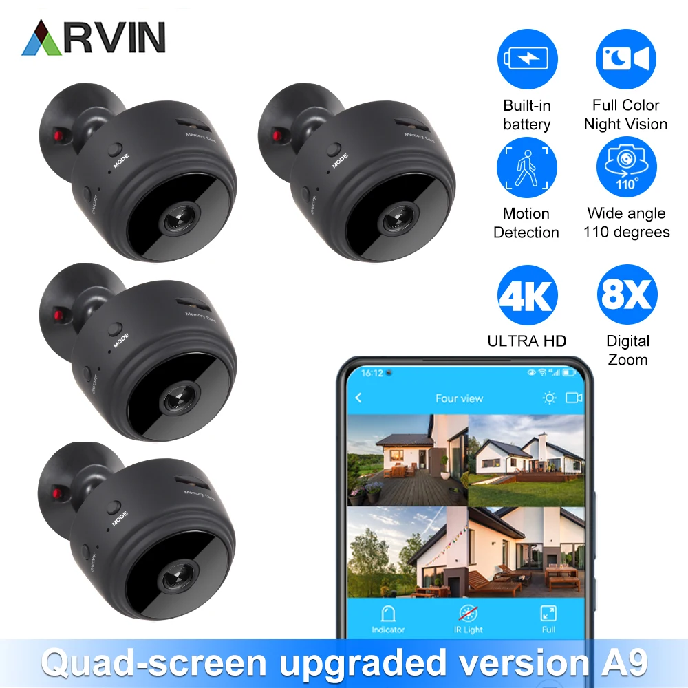 2023 New 4K A9 Mini Wifi Camera Wireless Video IR Night Vision Motion Detection Home Security Surveillance Camera Monitor