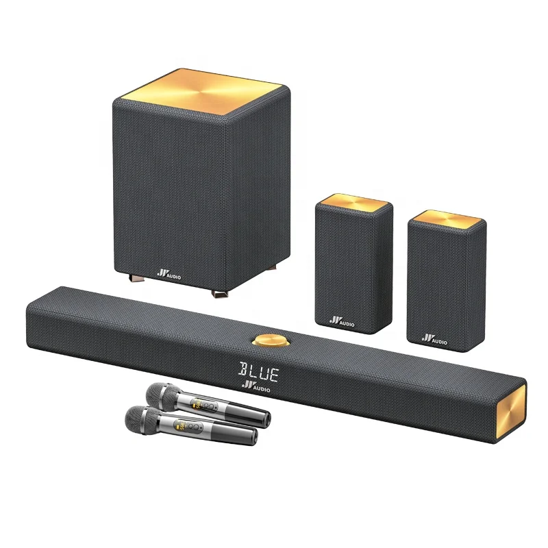 5.1 Channel Wireless Surround Sound System, Includes Sound Bar L and R Rear Surrounds 8'' Subwoofer, Dual Wireless Microphone