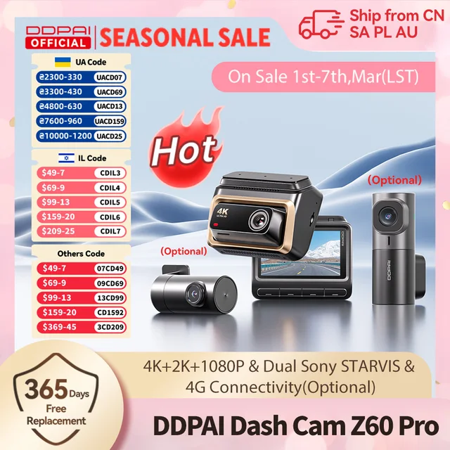 DDPAI 4K Dash Cam Z60 Pro Support Rear and Interior Car Camera SONY STARVIS2 Sensor 24h Parking 5GHz Wi-Fi ADAS GPS 4G Car DVR