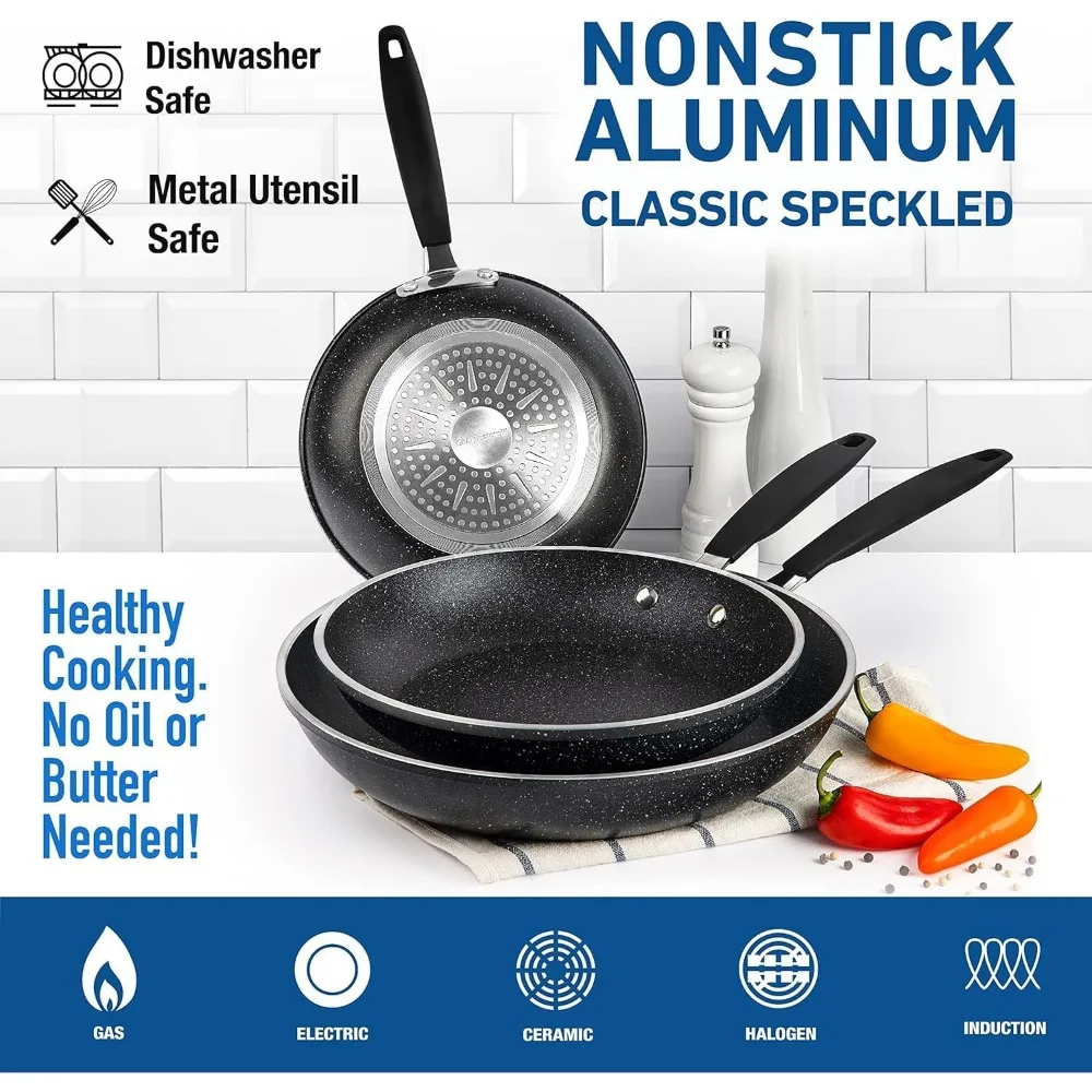 3 Piece Nonstick Frying Pan Set, 8”, 10” & 12” Nonstick Mineral and Diamond Triple Coated Frying Pans, Skillet Set, Omelet Pan,