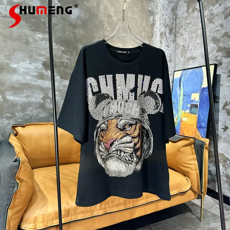 

Trendy Heavy Rhinestone Hot Drilling T-shirt Tiger Head High Street Short Sleeve Personality Black T Shirt Cool Tee Tops